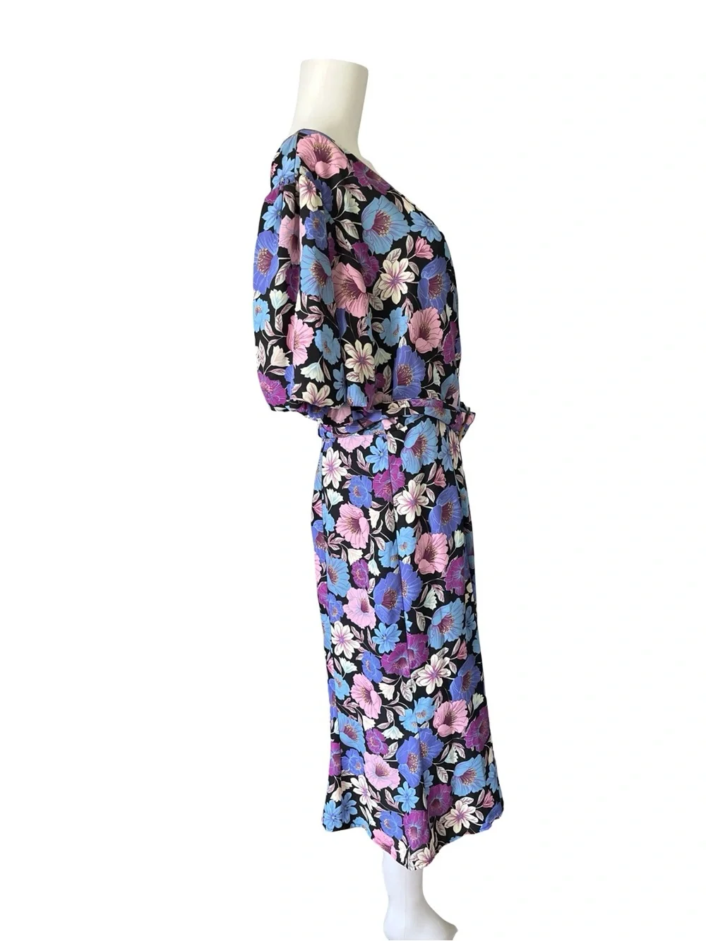 NEW Nicole Miller Dress Blue Purple Floral Belted Cottagecore Womens Size Large